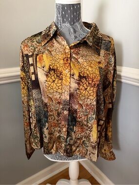 12 Tribe Abstract Patchwork Button-Up Blouse in Earth Tones Size Large